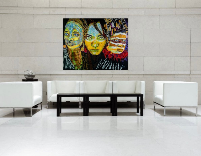 From Africa to America the Sisters (Textured Paper Art in Glass Frame)