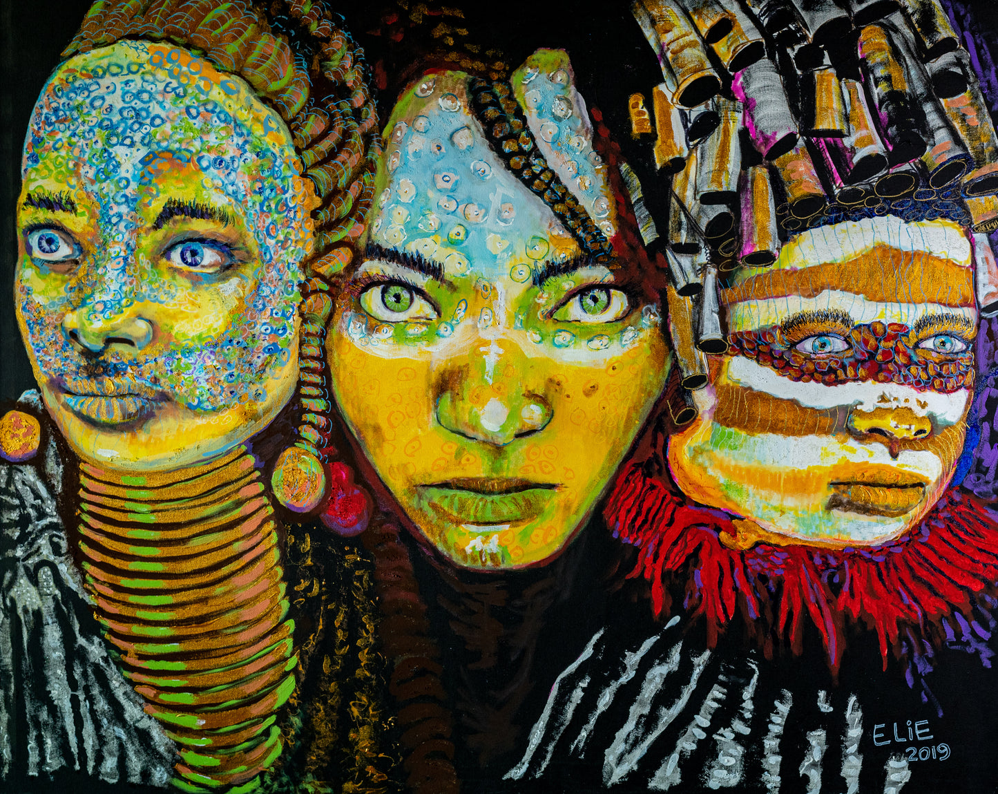 From Africa to America the Sisters (Textured Paper Art in Glass Frame)